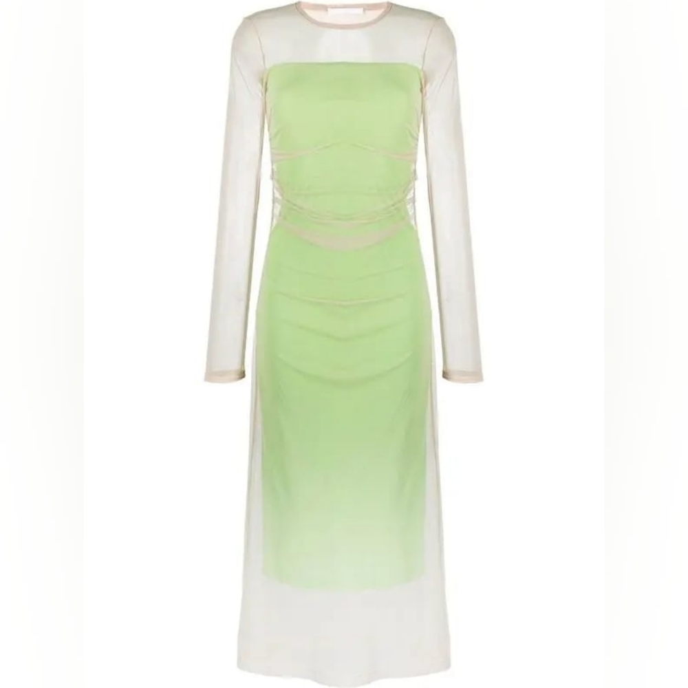 Helmut Lang Green and Cream Long Sleeve Dress